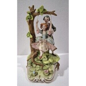 VintageCapodimonte Italy Porcelain Boy Pushing Girl on Swing Signed K. Tsubota